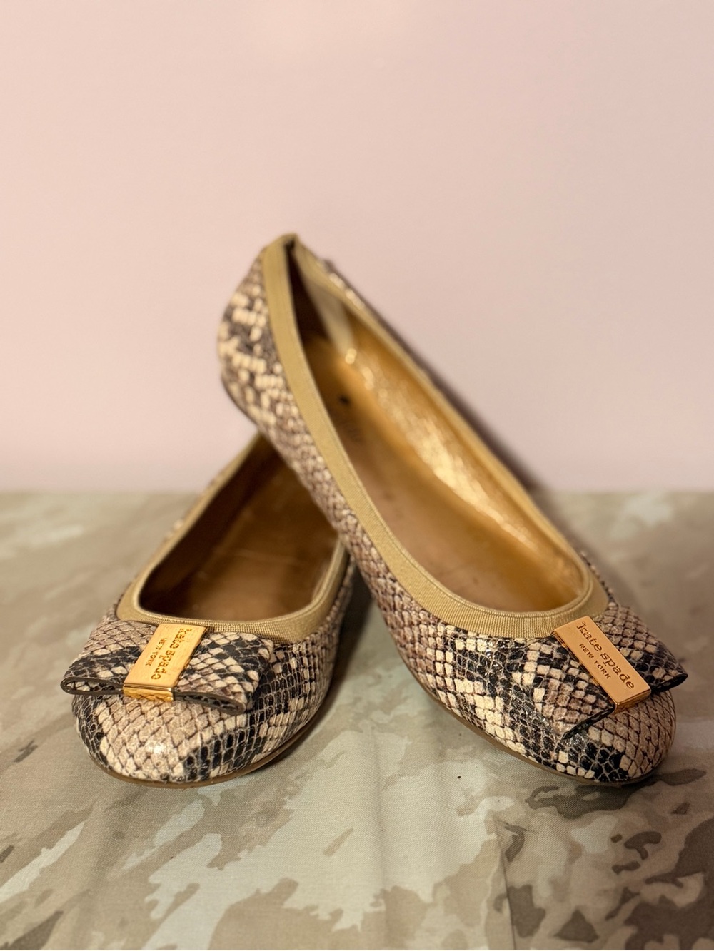 kate spade Snake-Print Ballet Flats in Tan and Black with Gold Logo